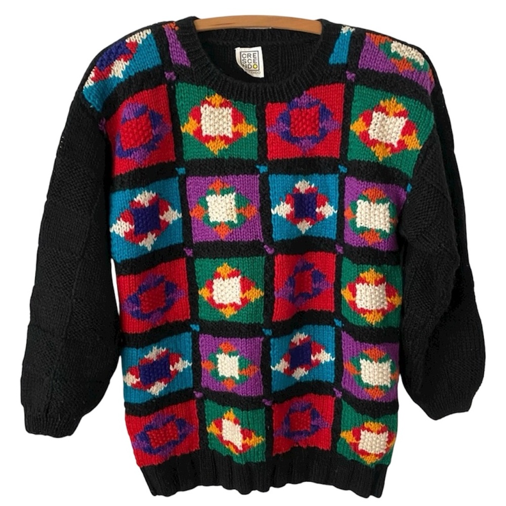 Vintage 80s 90s Multicolor Geometric Granny Square Chunky Knit Sweater Women’s M